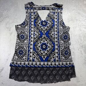 Vintage Blue Black White Mandala Sheer layer V-Neck Tank Top Blouse Size M Fowy